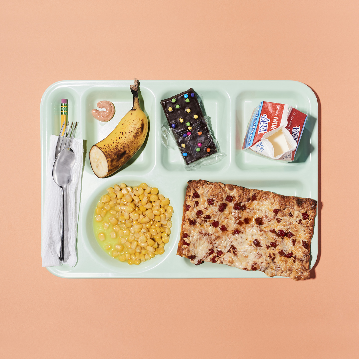 Classic School Lunch from childhood shot top down featuring Pizza Friday  by Matthew Roharik Los Angeles Still Life and Product Photographer 